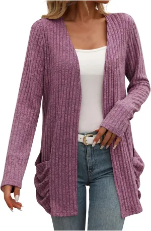Womens Fall Open Front Cardigan Lightweight Soft Ribbed Knit Cardigan Sweaters Long Sleeve Coat Outwear with Pockets
