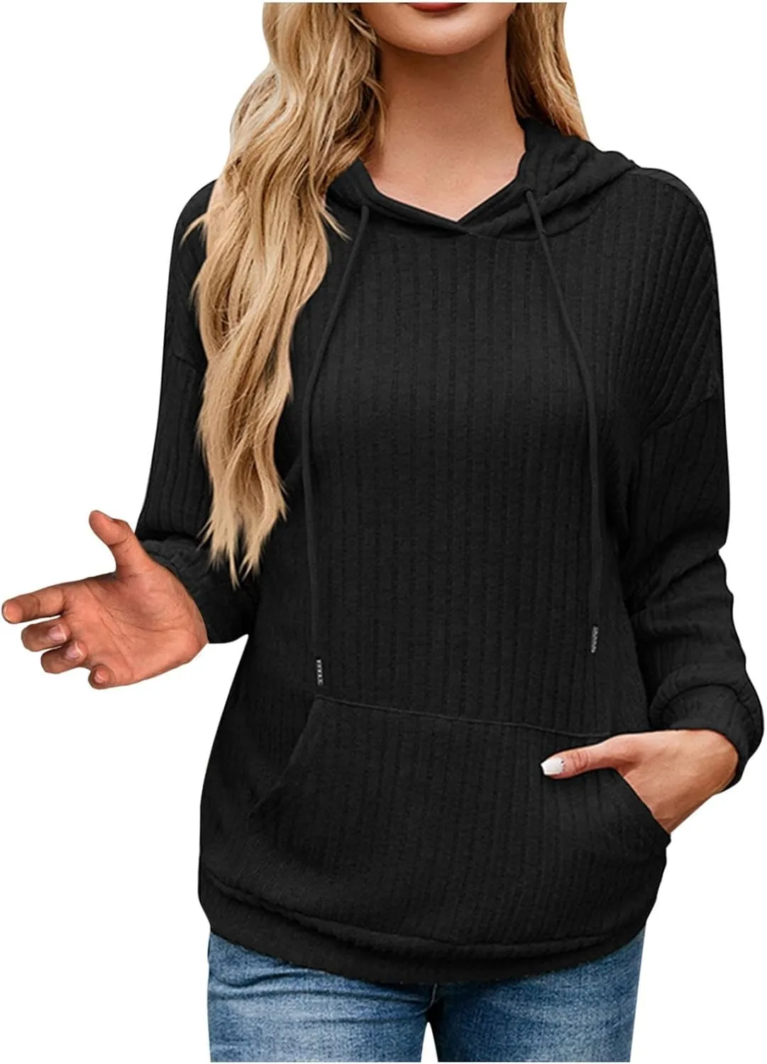Womens Fall Sweatshirts 2024 Baggy Lounge Knitted Hooded Blouses Shirts Loose Long Sleeve Pullover Casual Tunic Tops