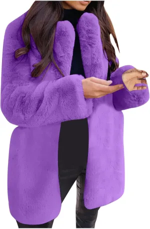Women's Fashion Cropped Faux Fur Jacket Long Sleeve Open Front Cardigan Casual Fluffy Parka Shaggy Classic Short Coat