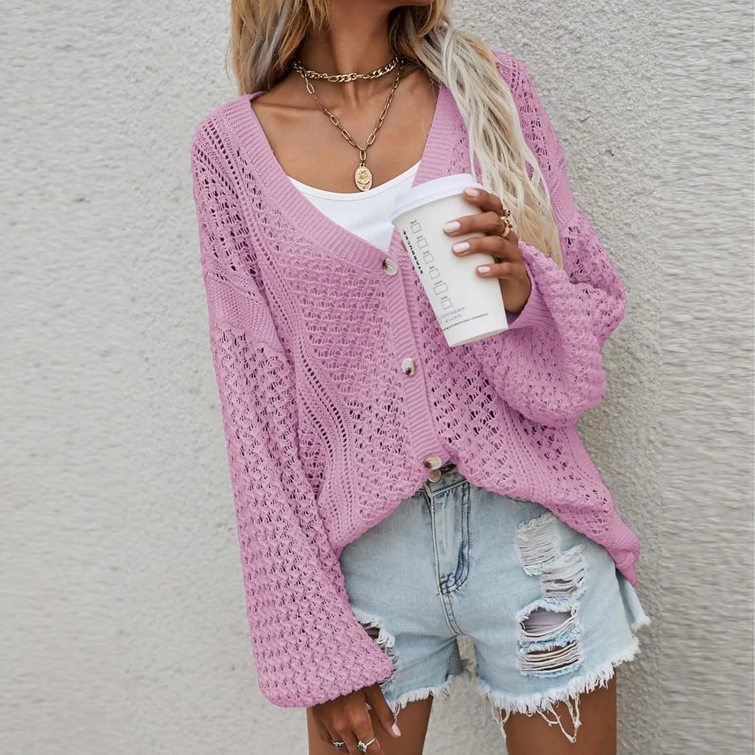 Women's Fashion Long Sleeve Open Front Crochet Hollow Out Lightweight Loose Button Down Knit Cardigan Sweater Outwear