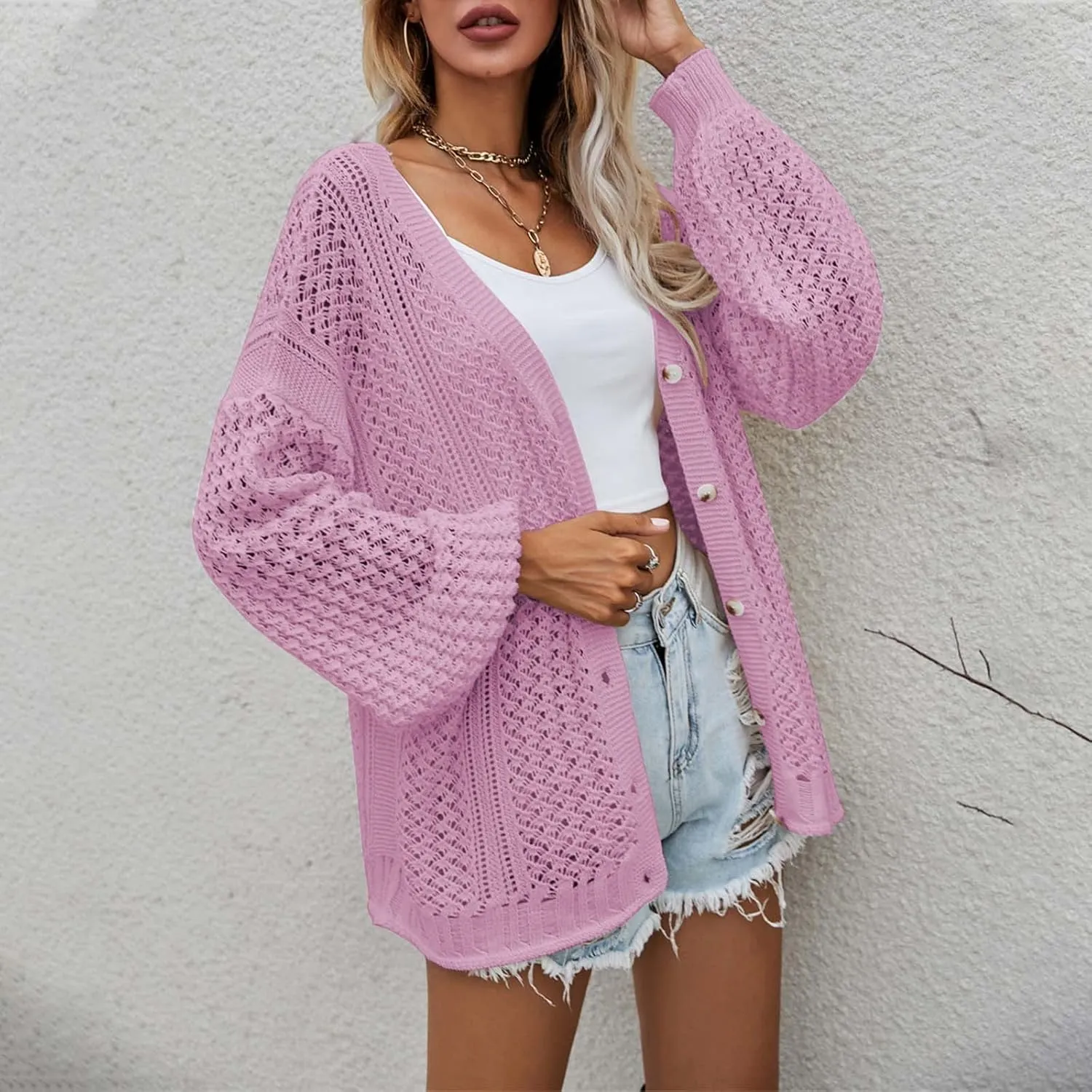 Women's Fashion Long Sleeve Open Front Crochet Hollow Out Lightweight Loose Button Down Knit Cardigan Sweater Outwear