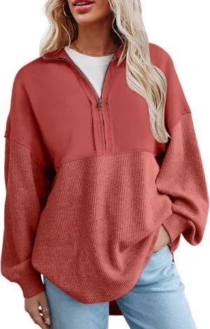 Women'S Fashion Sweatshirts Waffle Knit Sweatshirt Half Zip Cropped Pullover Spliced Fleece Quarter Zipper Sweatshirt