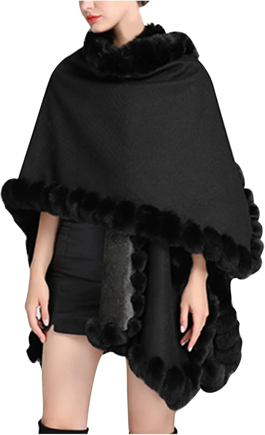 Women's Faux Fur Collar Cardigan Sweater Elegant Batwing Long Sleeve Knit Cape Tassel Shawl Open Front Outerwear Cloak