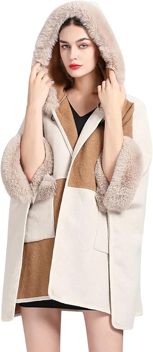 Women's Faux Fur Collar Cardigan Sweater Elegant Batwing Long Sleeve Knit Cape Tassel Shawl Open Front Outerwear Cloak