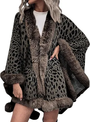 Women's Faux Fur Collar Cardigan Sweater Elegant Batwing Long Sleeve Knit Cape Tassel Shawl Open Front Outerwear Cloak