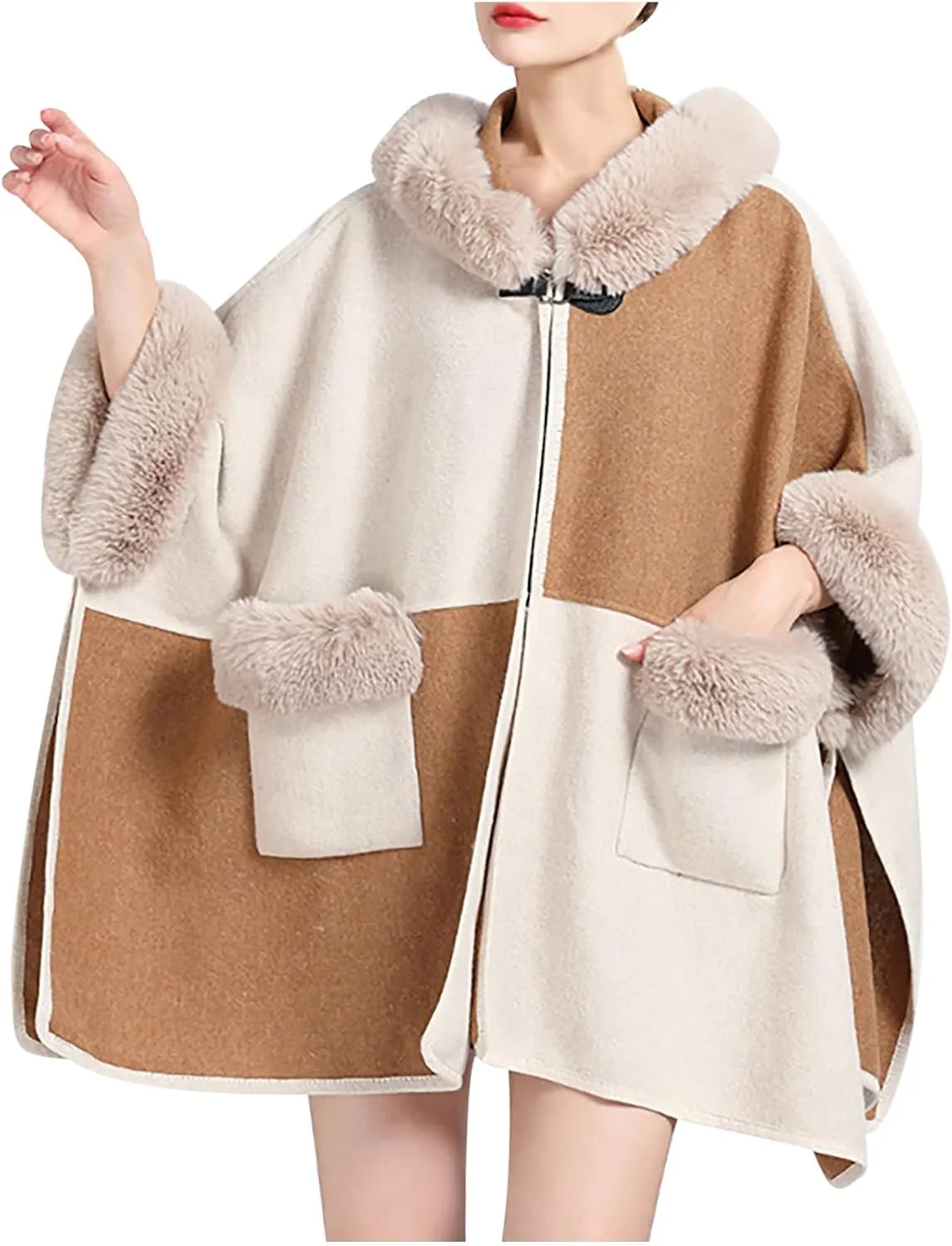 Women's Faux Fur Collar Cardigan Sweater Elegant Batwing Long Sleeve Knit Cape Tassel Shawl Open Front Outerwear Cloak