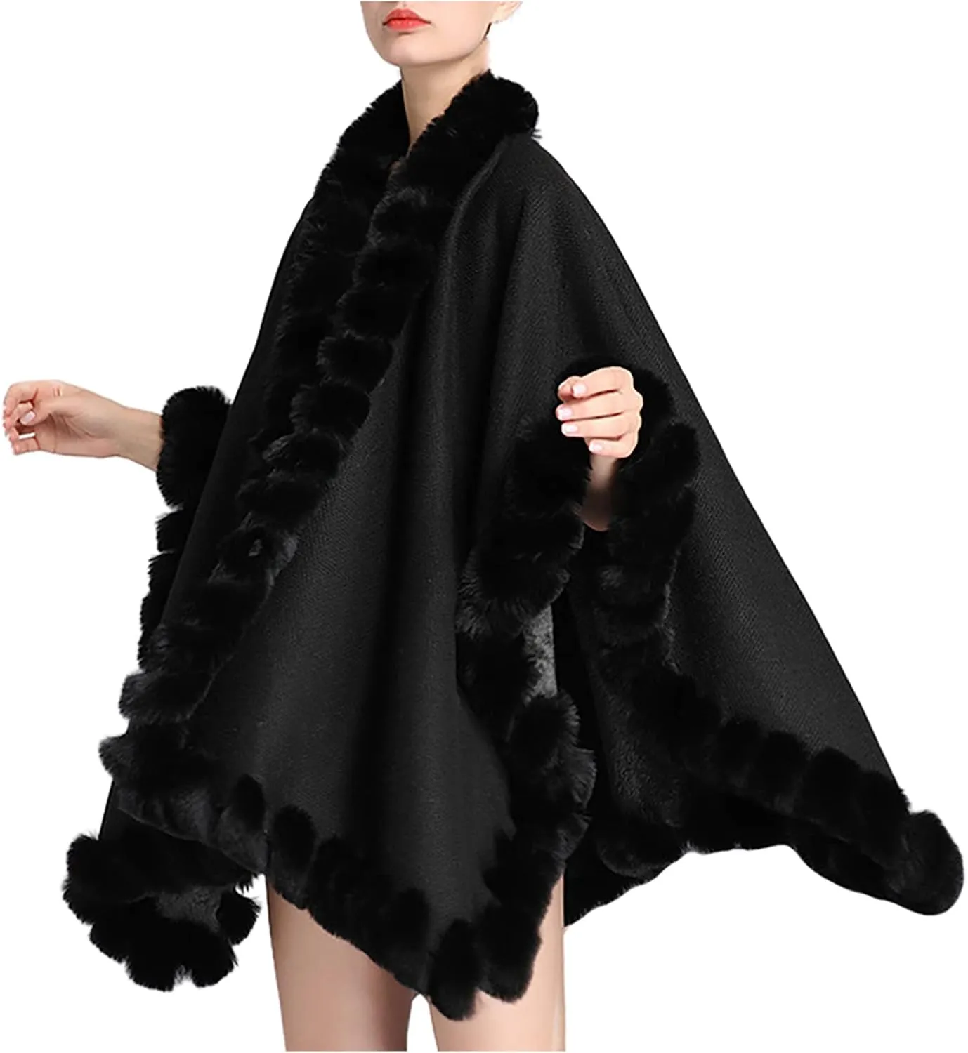 Women's Faux Fur Collar Cardigan Sweater Elegant Batwing Long Sleeve Knit Cape Tassel Shawl Open Front Outerwear Cloak