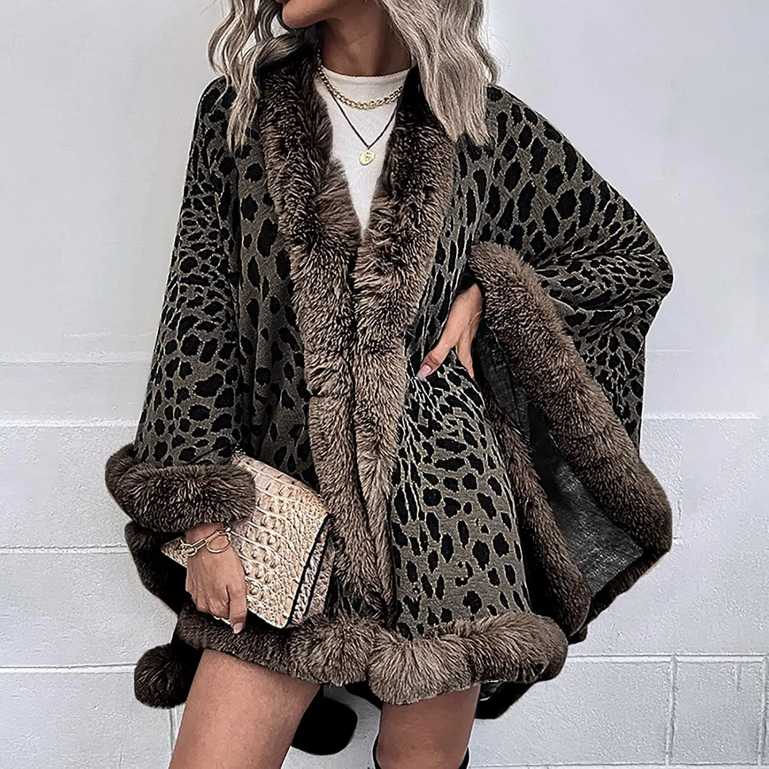Women's Faux Fur Collar Cardigan Sweater Elegant Batwing Long Sleeve Knit Cape Tassel Shawl Open Front Outerwear Cloak