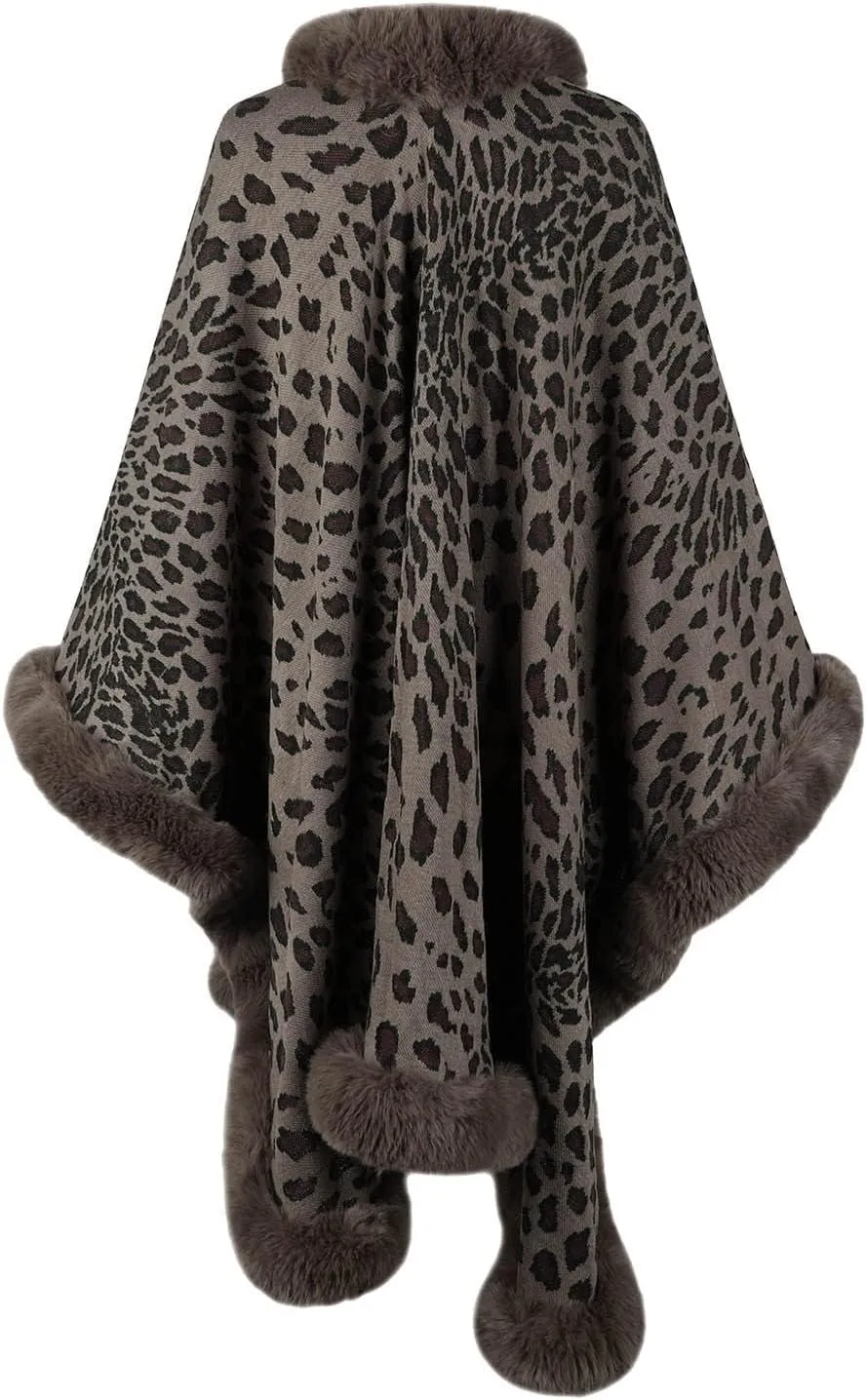 Women's Faux Fur Collar Cardigan Sweater Elegant Batwing Long Sleeve Knit Cape Tassel Shawl Open Front Outerwear Cloak