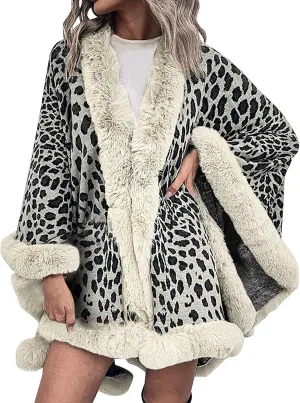 Women's Faux Fur Collar Cardigan Sweater Elegant Batwing Long Sleeve Knit Cape Tassel Shawl Open Front Outerwear Cloak