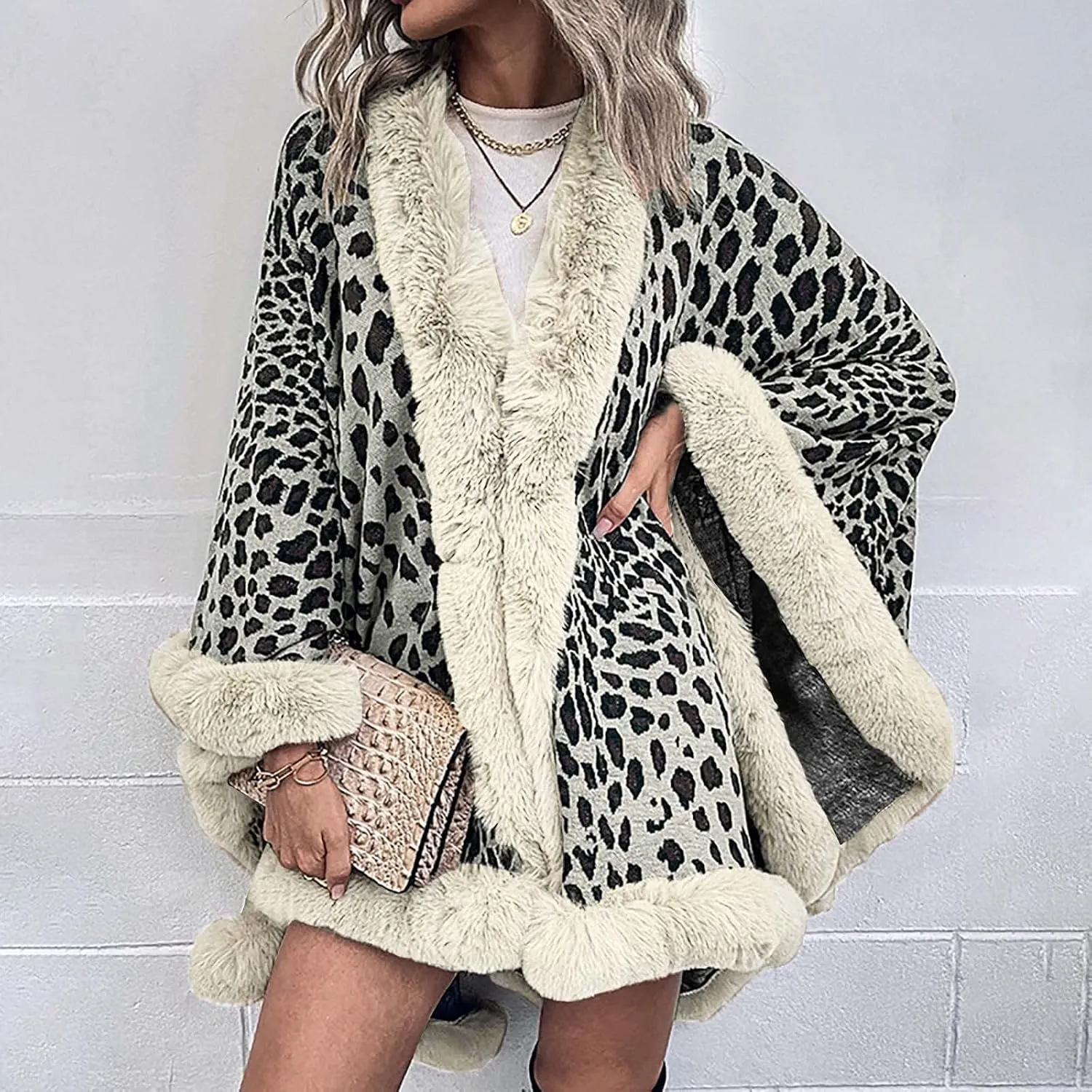 Women's Faux Fur Collar Cardigan Sweater Elegant Batwing Long Sleeve Knit Cape Tassel Shawl Open Front Outerwear Cloak