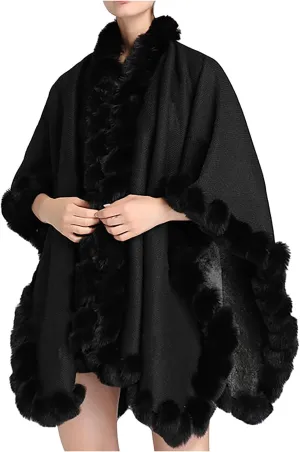 Women's Faux Fur Collar Cardigan Sweater Elegant Batwing Long Sleeve Knit Cape Tassel Shawl Open Front Outerwear Cloak