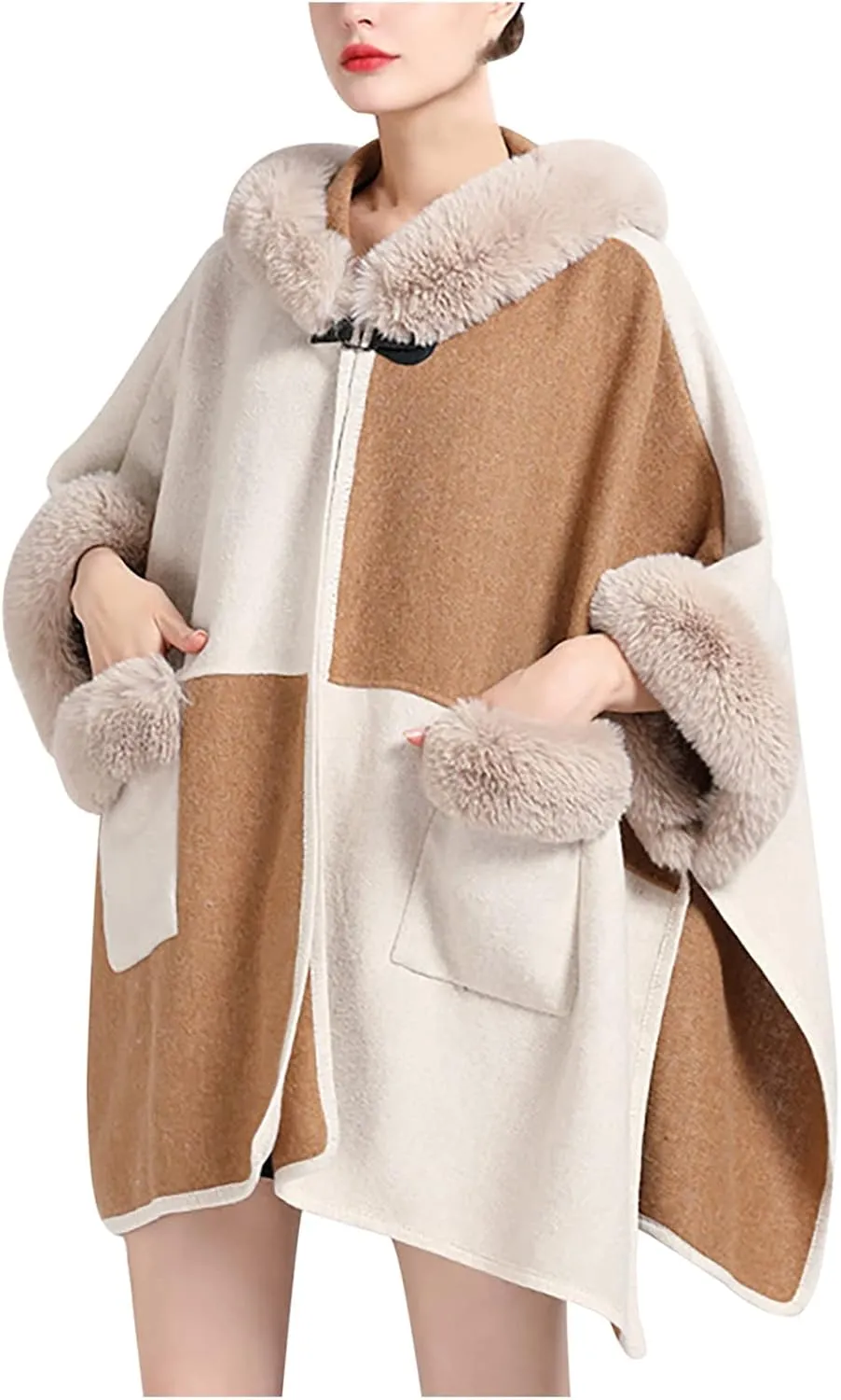 Women's Faux Fur Collar Cardigan Sweater Elegant Batwing Long Sleeve Knit Cape Tassel Shawl Open Front Outerwear Cloak