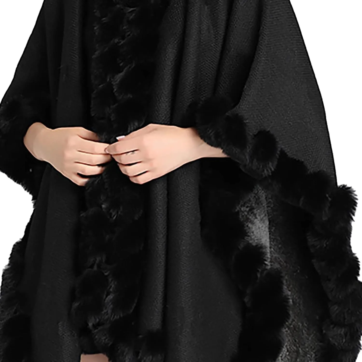 Women's Faux Fur Collar Cardigan Sweater Elegant Batwing Long Sleeve Knit Cape Tassel Shawl Open Front Outerwear Cloak
