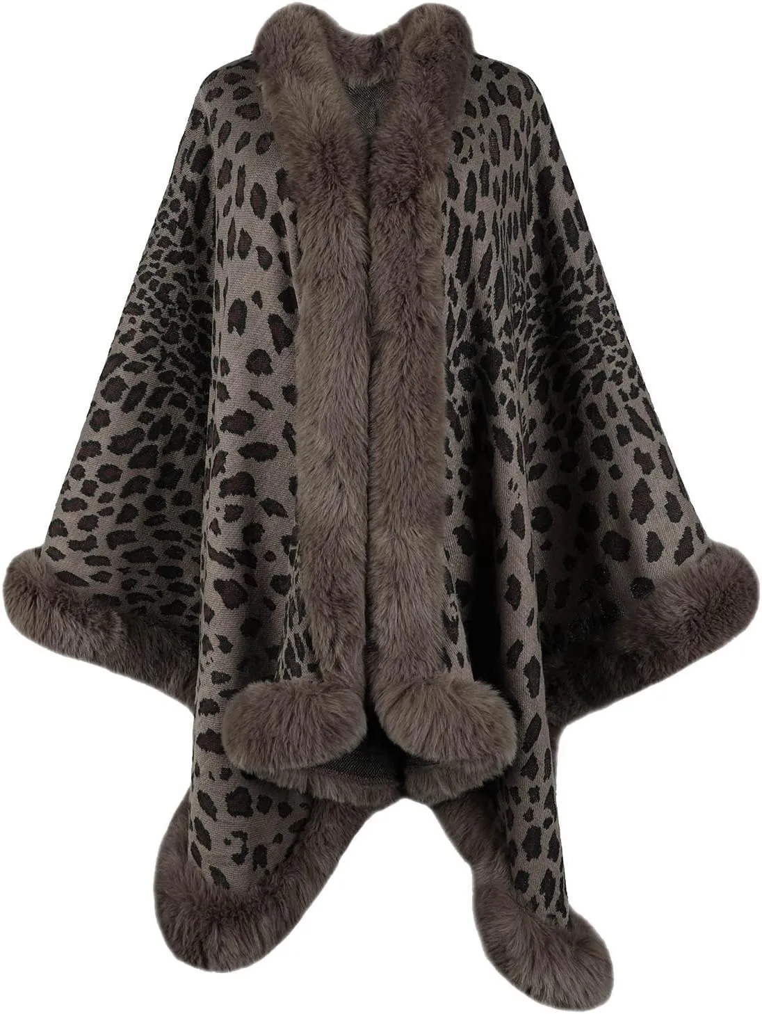 Women's Faux Fur Collar Cardigan Sweater Elegant Batwing Long Sleeve Knit Cape Tassel Shawl Open Front Outerwear Cloak