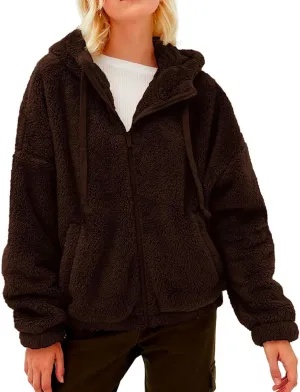 Womens Fuzzy Fleece Open Front Hooded Cardigan Jackets Sherpa Drawstring Solid Hoodie Outerwear Coats with Pockets