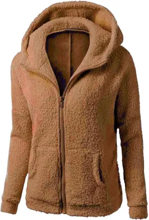Women's Girls' Sherp_a Jacket Zip Up Hoodie Fuzzy Coat with Zipper Pockets Lightweight Fleece Lined Warm Winter Coats