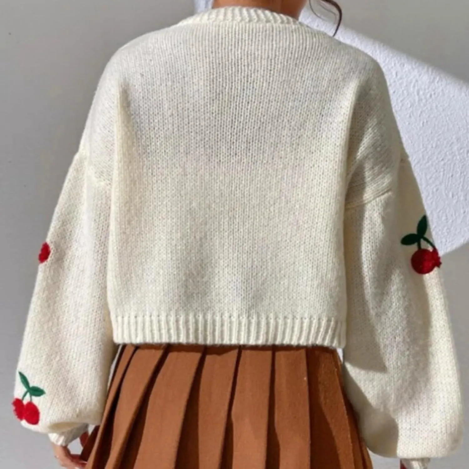 Women's Graphic Cherry Cardigan Open Front Cable Knit Lantern Sleeve Cropped Cardigan Sweater