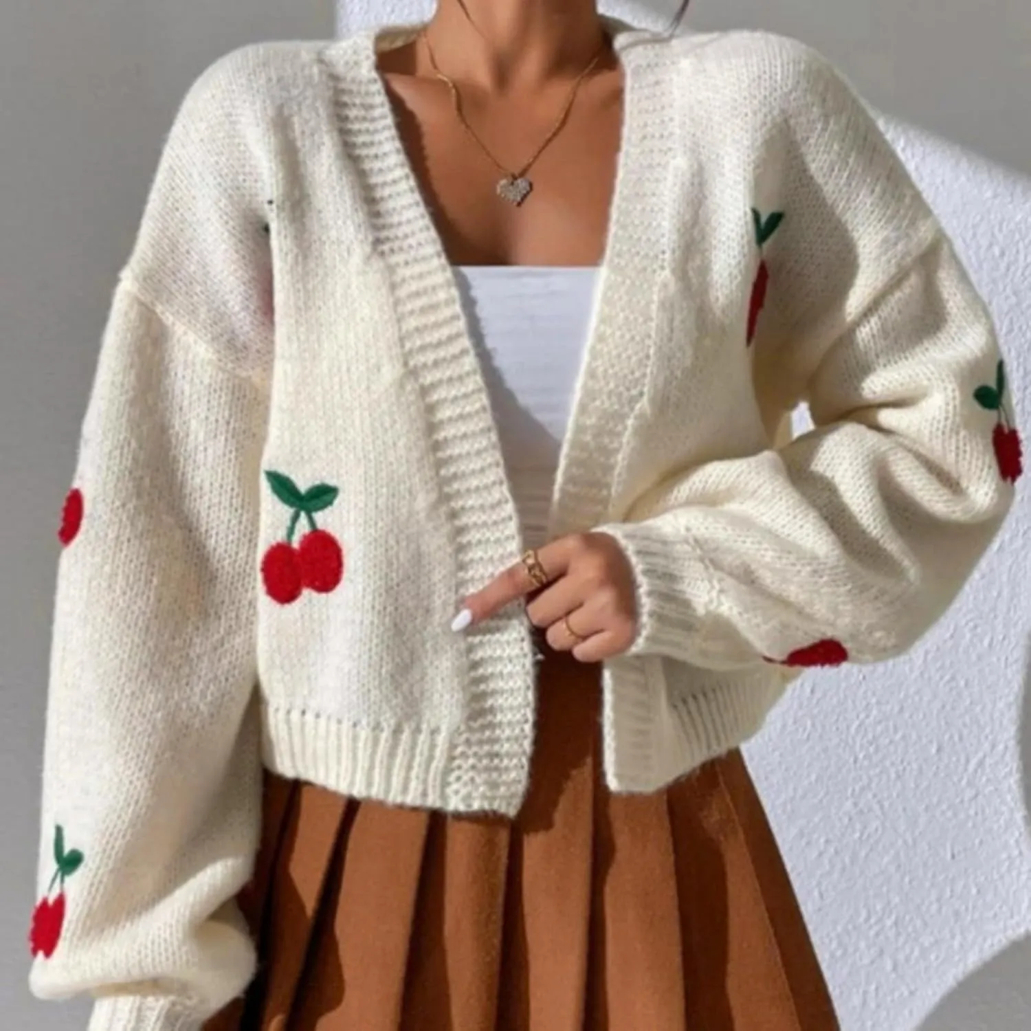 Women's Graphic Cherry Cardigan Open Front Cable Knit Lantern Sleeve Cropped Cardigan Sweater