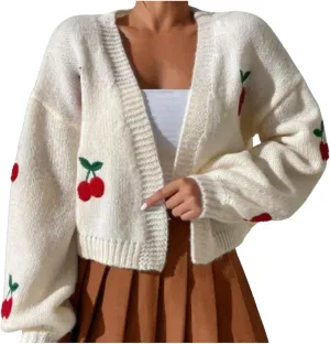 Women's Graphic Cherry Cardigan Open Front Cable Knit Lantern Sleeve Cropped Cardigan Sweater