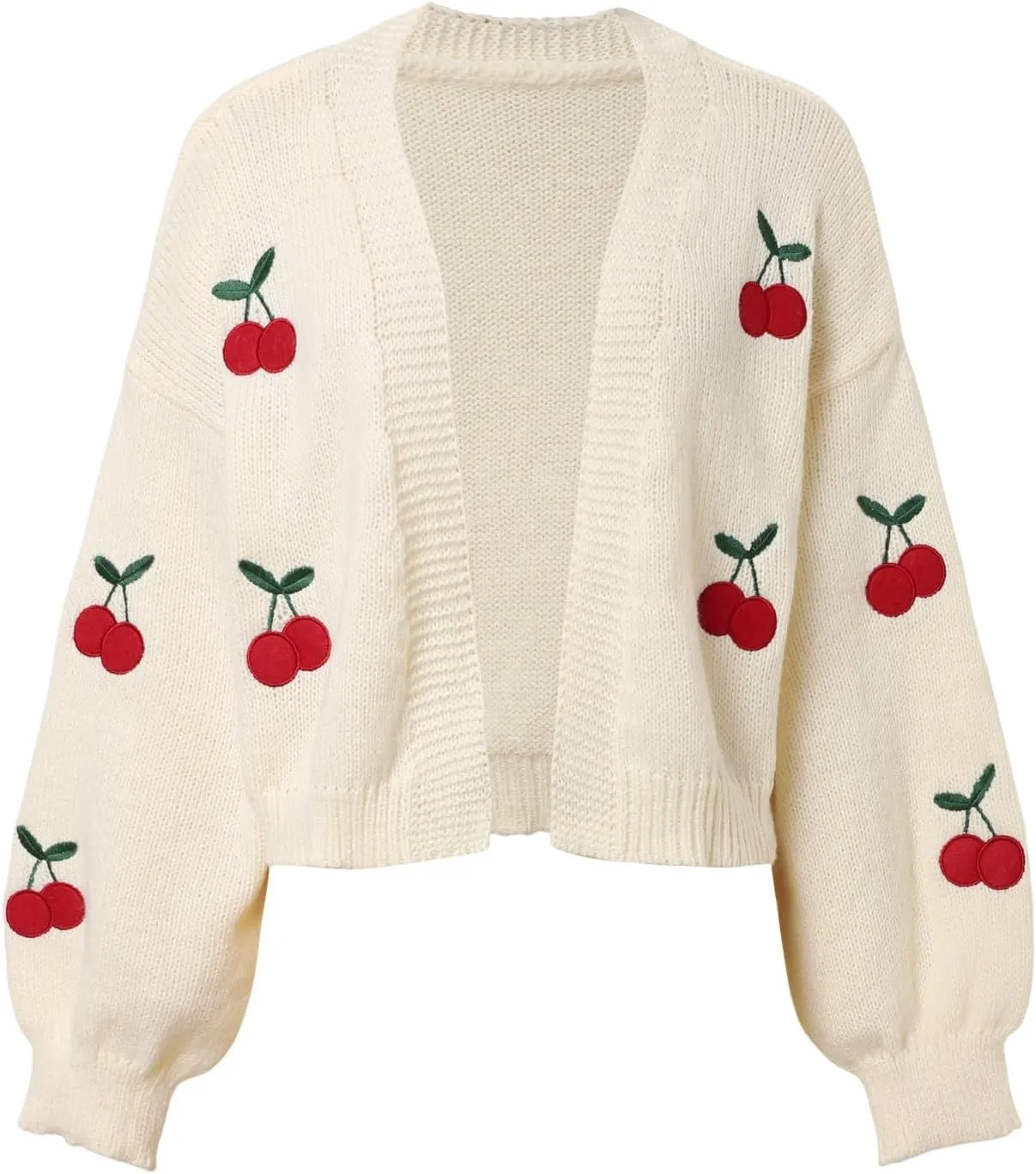 Women's Graphic Cherry Cardigan Open Front Cable Knit Lantern Sleeve Cropped Cardigan Sweater