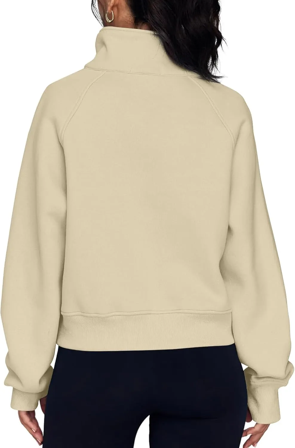 Womens Half Zip Pullover with Thumb Hole Fleece Quarter Zip Pullover Stand Collar Cropped Sweatshirts with Pockets