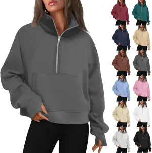 Womens Half Zip Pullover with Thumb Hole Fleece Quarter Zip Pullover Stand Collar Cropped Sweatshirts with Pockets