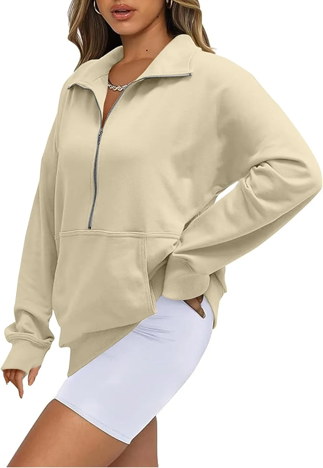 Womens Half Zip Pullover with Thumb Hole Fleece Quarter Zip Pullover Stand Collar Cropped Sweatshirts with Pockets