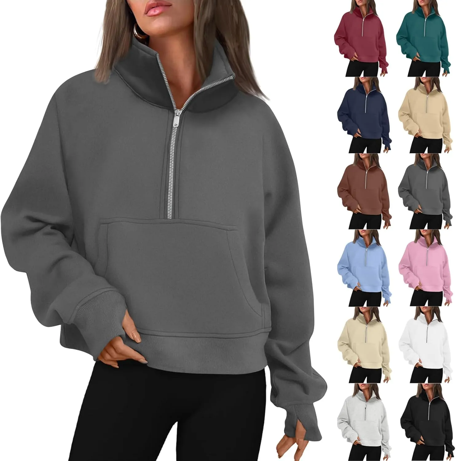 Womens Half Zip Pullover with Thumb Hole Fleece Quarter Zip Pullover Stand Collar Cropped Sweatshirts with Pockets