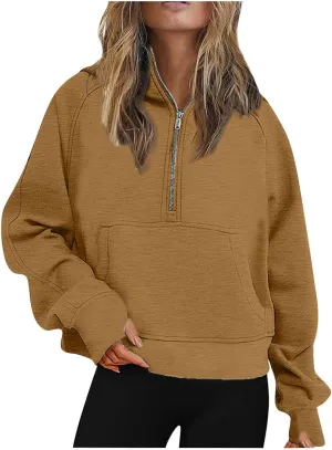 Womens Half Zip Sweatshirts 2024 Fleece Hooded Pullover Sweatshirts Thumb Hole Cropped Long Sleeve Tops with Pockets