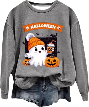 Womens Halloween Sweatshirts Funny Pumpkin Ghost Graphic Sweatshirt Spooky Season Party Sweater Fall Pullover Top