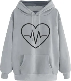 Women's Heartbeat Hoodie Oversized Pullover Drawstring Cozy Fleece Sweatshirt Casual Winter Pocket Soft Relaxed Top