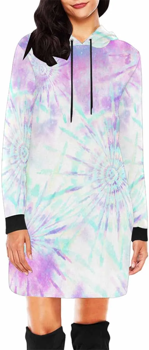 Womens Hoodies Bright Summer Zig Zag Tie Dye Bleed Womens Sweatshirt Dress Long Sleeve Hoodies Mini Dresses Casual Hoodie