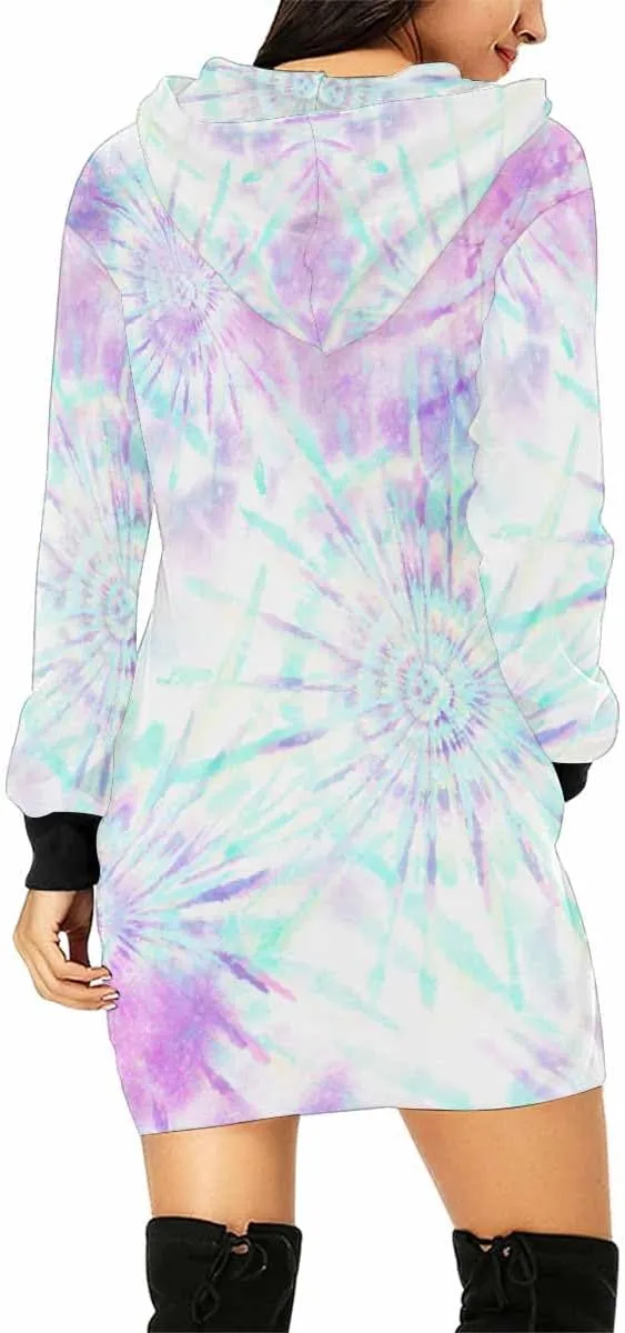 Womens Hoodies Bright Summer Zig Zag Tie Dye Bleed Womens Sweatshirt Dress Long Sleeve Hoodies Mini Dresses Casual Hoodie