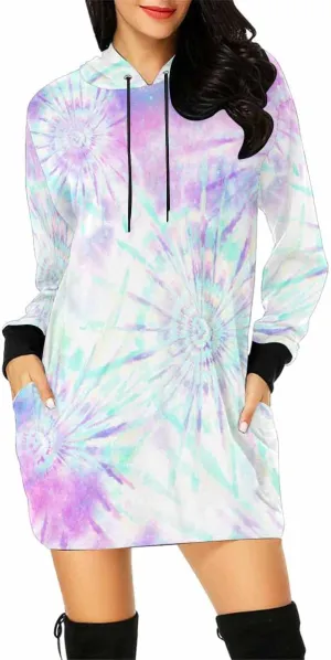 Womens Hoodies Bright Summer Zig Zag Tie Dye Bleed Womens Sweatshirt Dress Long Sleeve Hoodies Mini Dresses Casual Hoodie