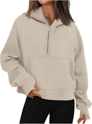 Womens Hoodies Casual Oversized Cozy Pullover Loose Vintage Solid Color Sweatshirts Drop Shoulder Tops Kangaroo Pocket