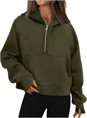 Womens Hoodies Casual Oversized Cozy Pullover Loose Vintage Solid Color Sweatshirts Drop Shoulder Tops Kangaroo Pocket