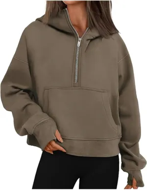 Womens Hoodies Casual Oversized Cozy Pullover Loose Vintage Solid Color Sweatshirts Drop Shoulder Tops Kangaroo Pocket
