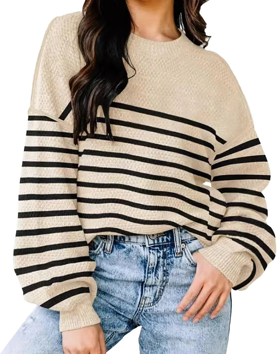 Womens Knitted Sweater Fashion Loose Crewneck Long Sleeve Striped Color Block Pullovers Fall Crochet Party Tunic Tops