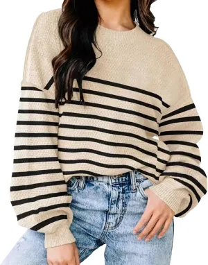Womens Knitted Sweater Fashion Loose Crewneck Long Sleeve Striped Color Block Pullovers Fall Crochet Party Tunic Tops