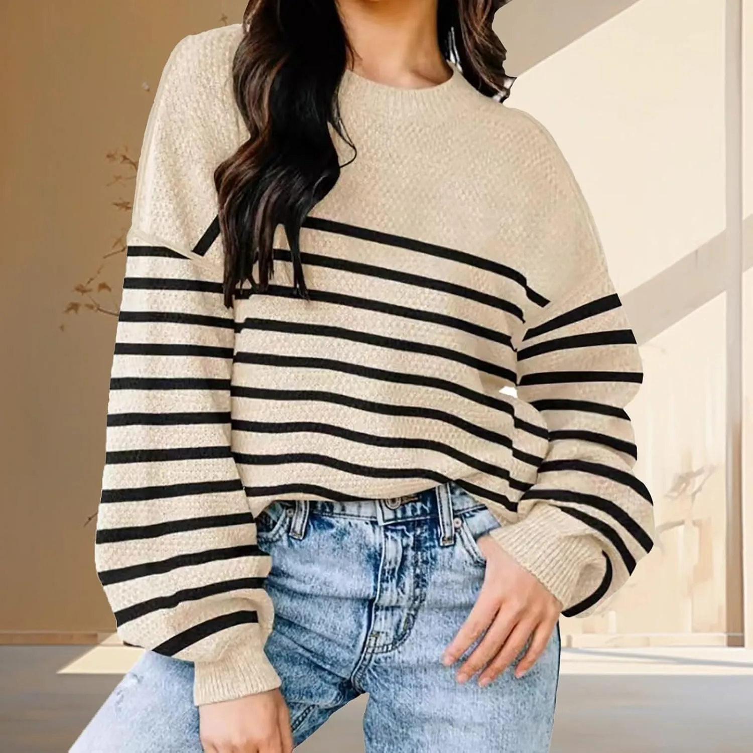 Womens Knitted Sweater Fashion Loose Crewneck Long Sleeve Striped Color Block Pullovers Fall Crochet Party Tunic Tops