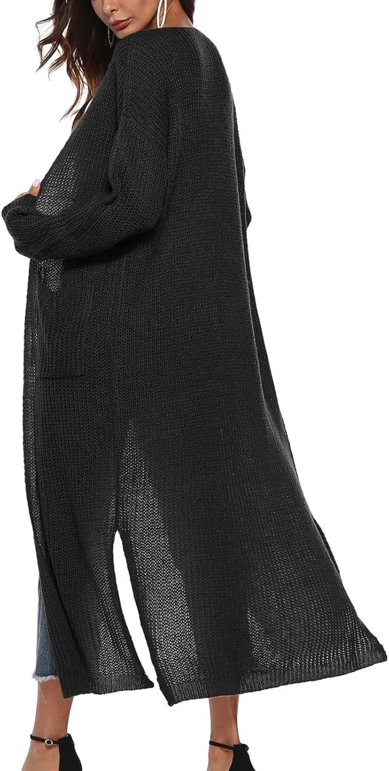 Women's Lightweight Longline Knitted Cardigan, Open Front Draped Sweater Coat with Pockets