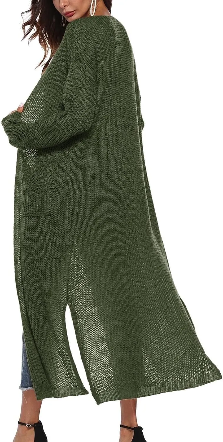 Women's Lightweight Longline Knitted Cardigan, Open Front Draped Sweater Coat with Pockets