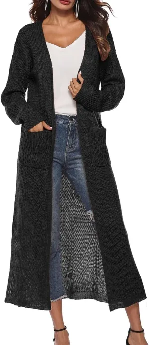 Women's Lightweight Longline Knitted Cardigan, Open Front Draped Sweater Coat with Pockets