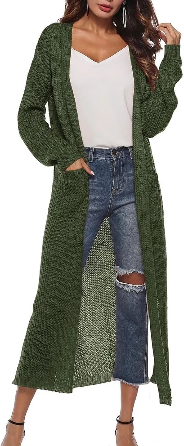 Women's Lightweight Longline Knitted Cardigan, Open Front Draped Sweater Coat with Pockets