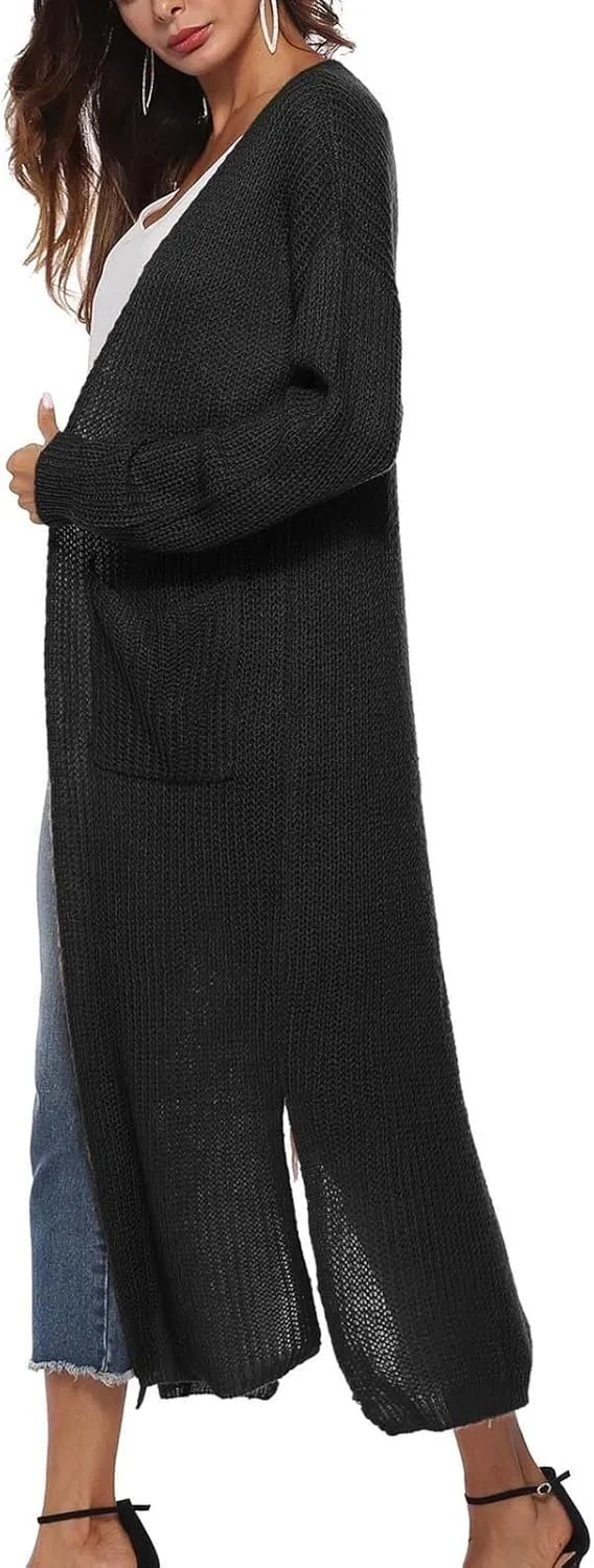 Women's Lightweight Longline Knitted Cardigan, Open Front Draped Sweater Coat with Pockets