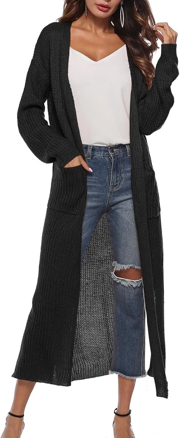 Women's Lightweight Longline Knitted Cardigan, Open Front Draped Sweater Coat with Pockets