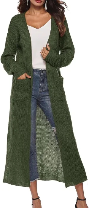 Women's Lightweight Longline Knitted Cardigan, Open Front Draped Sweater Coat with Pockets