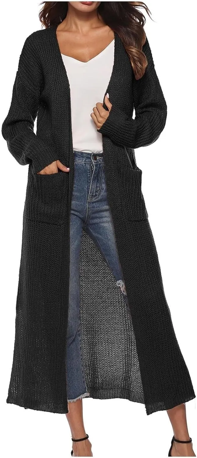 Women's Lightweight Longline Knitted Cardigan, Open Front Draped Sweater Coat with Pockets