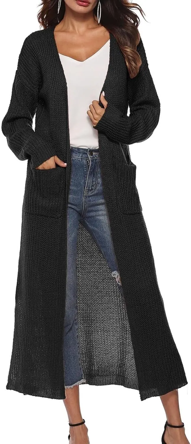Women's Lightweight Longline Knitted Cardigan, Open Front Draped Sweater Coat with Pockets